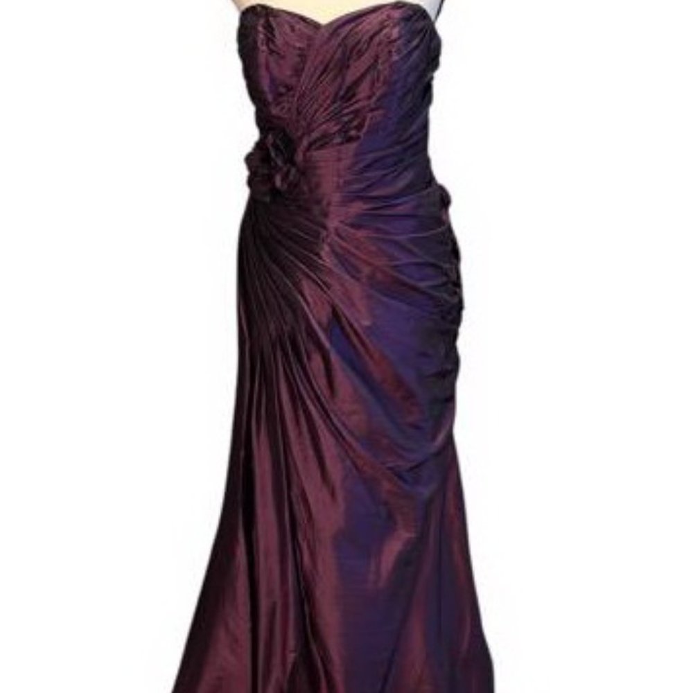 Bari Jay Purple Plum Strapless Mikado Taffeta Ruched Gown